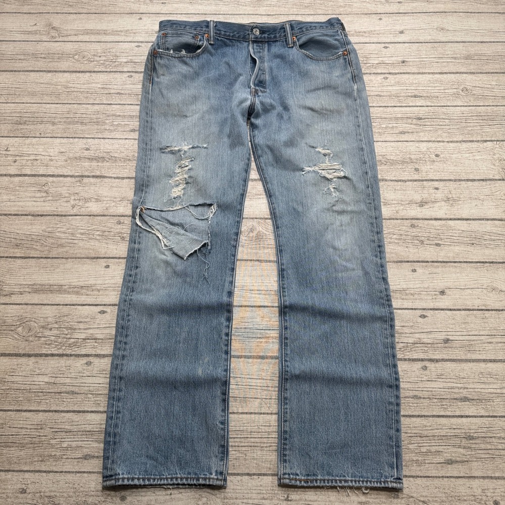 Levi's 501 Jeans Men's 36x34 Blue Light Wash Denim Button Fly Distressed Ripped